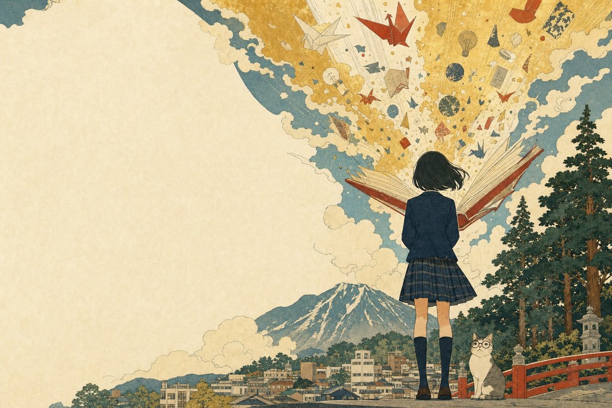 開いた本を前に立つ制服姿の子どもと眼鏡の猫。空に折り鶴が広がる和紙調のイラスト
