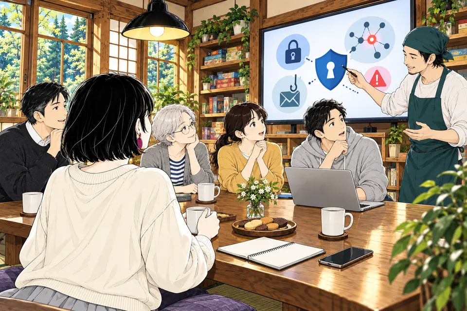 保護者サロンで、画面に映したサイバー対策のしるしを見ながら話す大人たちのイラスト
