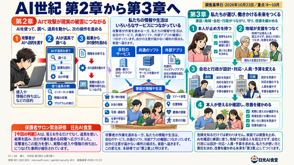 AI世紀 第2章から第3章へ：サイバー攻撃の構造と家庭・地域の防衛を結ぶ図解